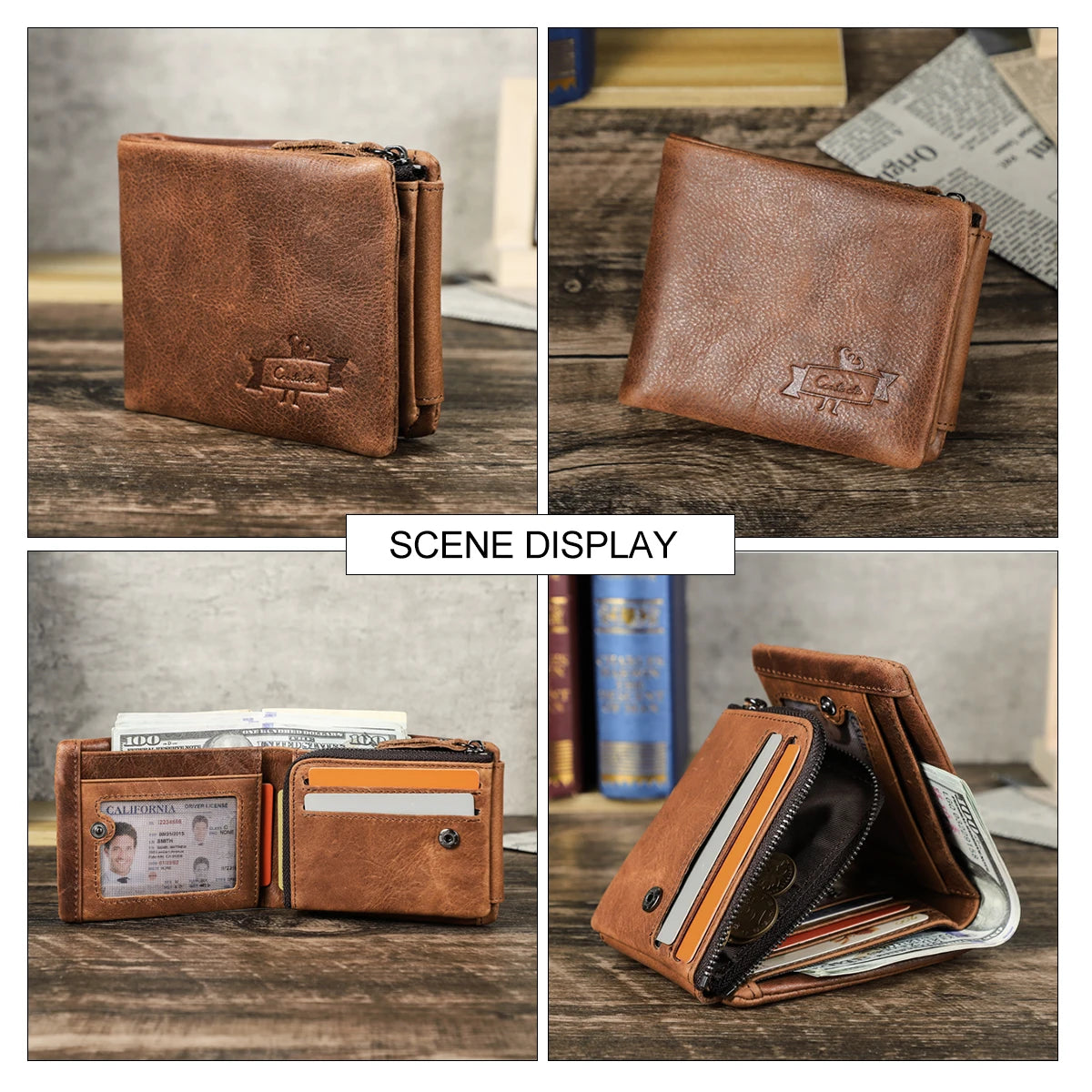 Vintage Crazy Horse Leather Trifold Wallet for Men – Card Holder & Zip Coin Pocket