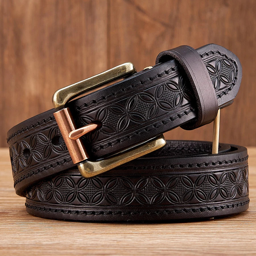 Vintage Embossed Genuine Leather Belt for Men – 1.3" Cowhide Belt with Antique Brass Buckle