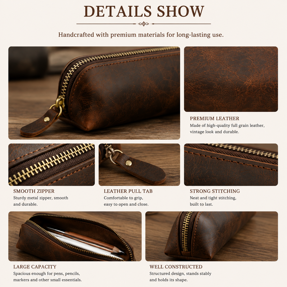 Vintage Genuine Leather Pencil Case - Handmade Retro Crazy Horse Leather Pen Pouch & Zipper Organizer