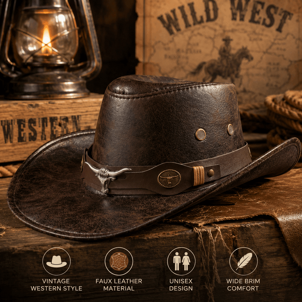 Vintage Faux Leather Western Cowboy Hat – Wide Brim Fedora for Men & Women