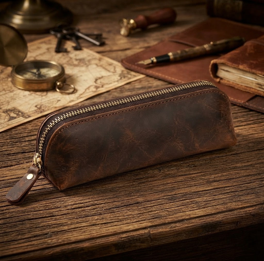 Vintage Genuine Leather Pencil Case - Handmade Retro Crazy Horse Leather Pen Pouch & Zipper Organizer